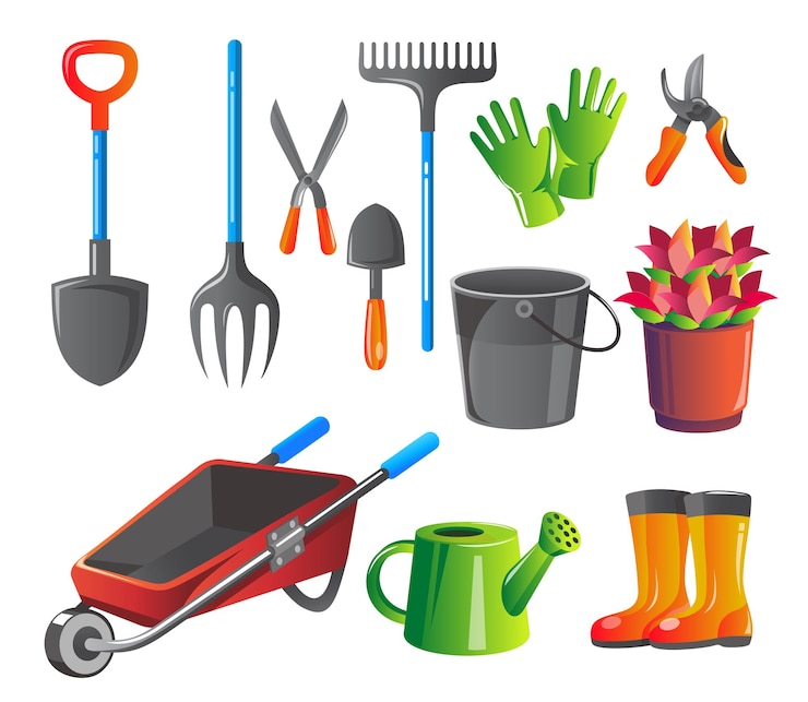 Vecteur gratuit ensemble de divers articles de jardinage outils de jardin illustration de conception plate d'articles pour le jardinage illustration vectorielle