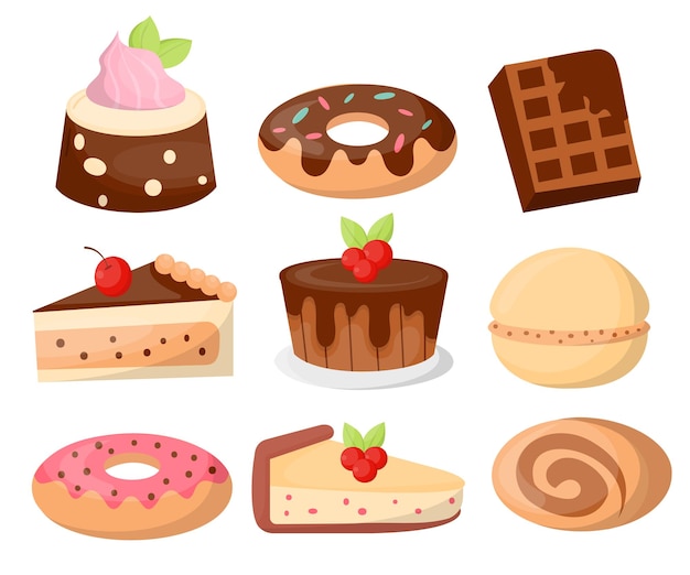 Vecteur gratuit ensemble de divers gâteaux et boulangerie en vecteur de style dessin animé