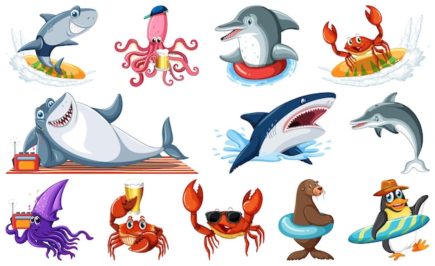 Vecteur gratuit ensemble de divers personnages de dessins animés d'animaux marins