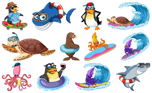 Vecteur gratuit ensemble de divers personnages de dessins animés d'animaux marins