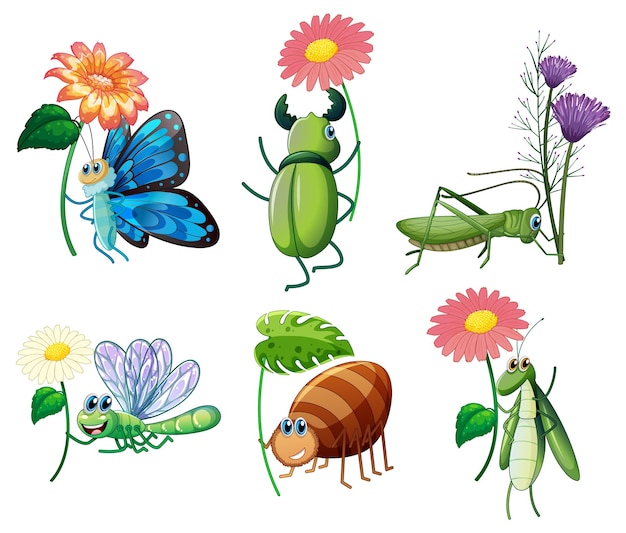 Vecteur gratuit ensemble de divers personnages de dessins animés d'insectes