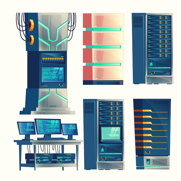 Vecteur gratuit ensemble de divers salle de contrôle de bande dessinée, supports de serveur, base de données, centre de données.