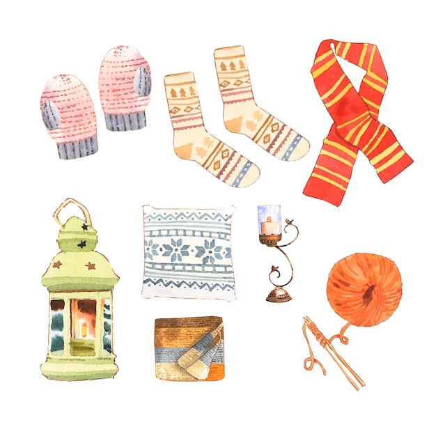 Ensemble De Diverses Illustration De Collection Maison Hiver Aquarelle Isolé.