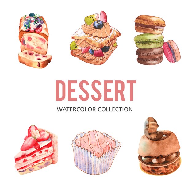 Ensemble de diverses illustration de dessert aquarelle isolé