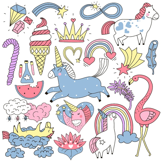 Vecteur gratuit ensemble de doodle coloré mignon licorne et fée éléments