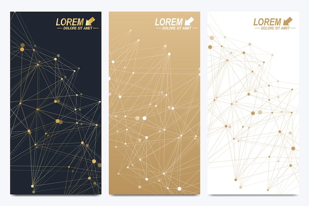Ensemble doré moderne de flyers vectoriels motif polygonal élégant et moderne avec ligne connectée et points mol...
