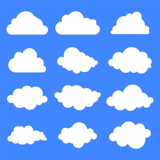 Ensemble de douze nuages ​​différents sur fond bleu.