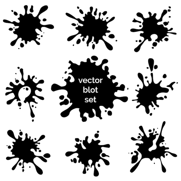 Ensemble d'éclaboussures et de taches de silhouettes noires sur fond blanc.