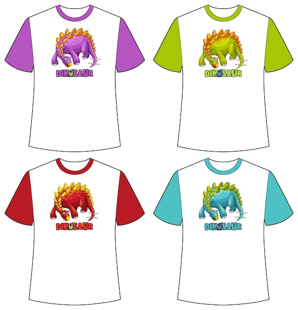 Vecteur gratuit ensemble d'écran de dinosaure de couleur différente sur des t-shirts