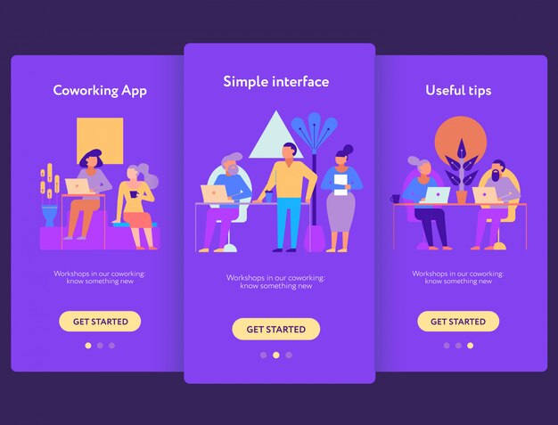 Vecteur gratuit ensemble d'écran mobile coworking