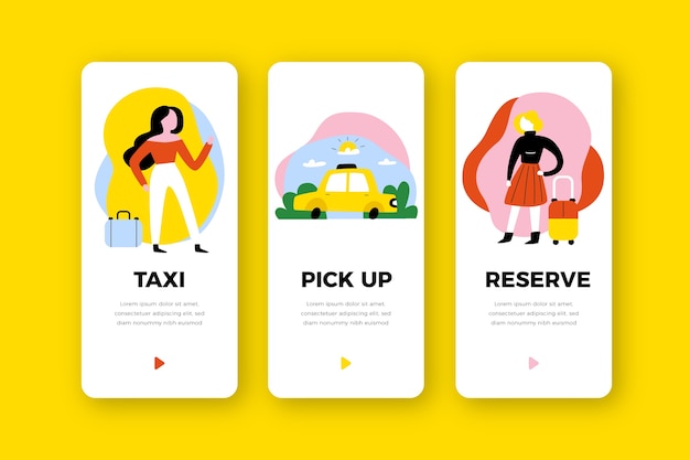 Vecteur gratuit ensemble d'écrans d'application de service de taxi