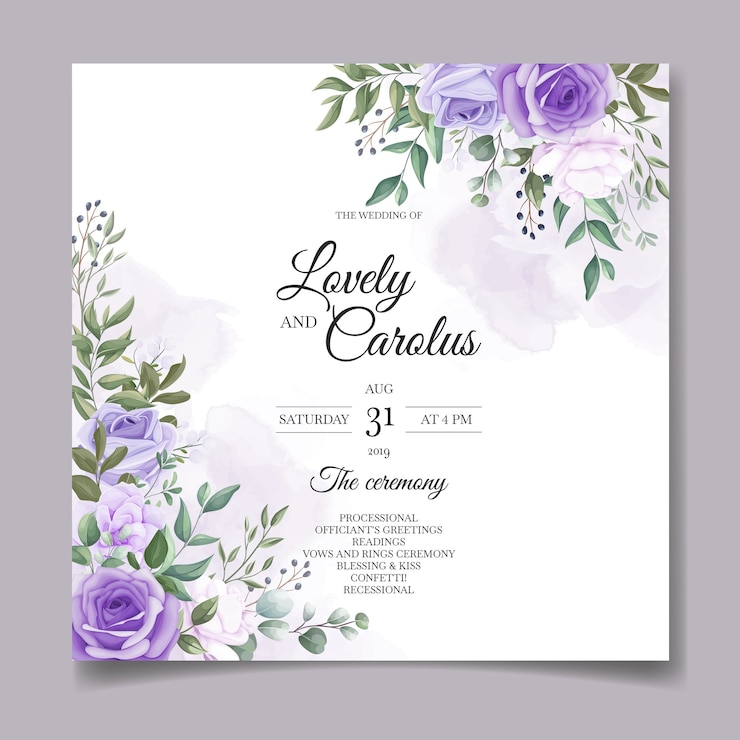 Ensemble élégant de cartes d'invitation de mariage avec de belles fleurs violettes