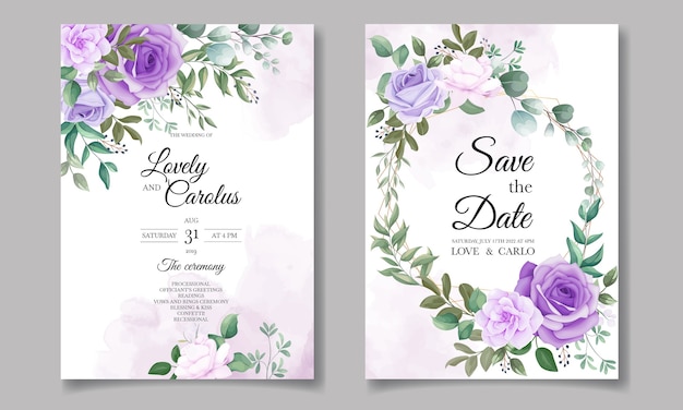 Ensemble élégant De Cartes D'invitation De Mariage Avec De Belles Fleurs Violettes