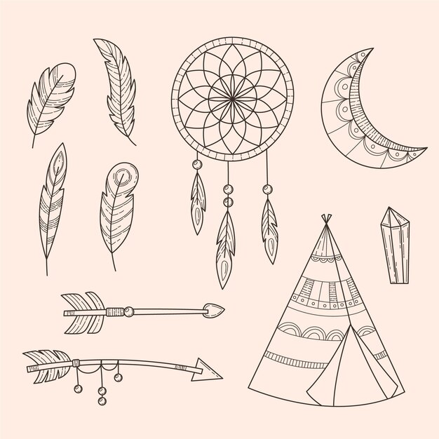 Ensemble d'éléments boho dessinés à la main de gravure