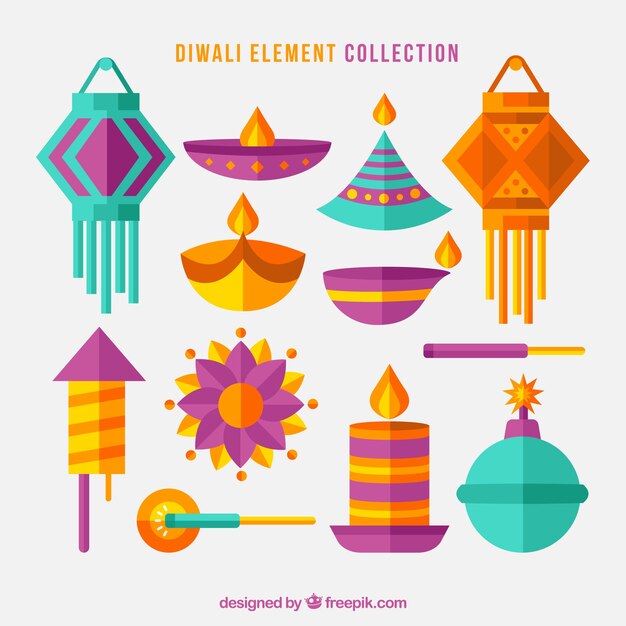 Ensemble d'éléments de célébration de diwali en conception plate