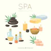 Vecteur gratuit ensemble d'éléments de centre de spa avec des bougies et des huiles aromatiques