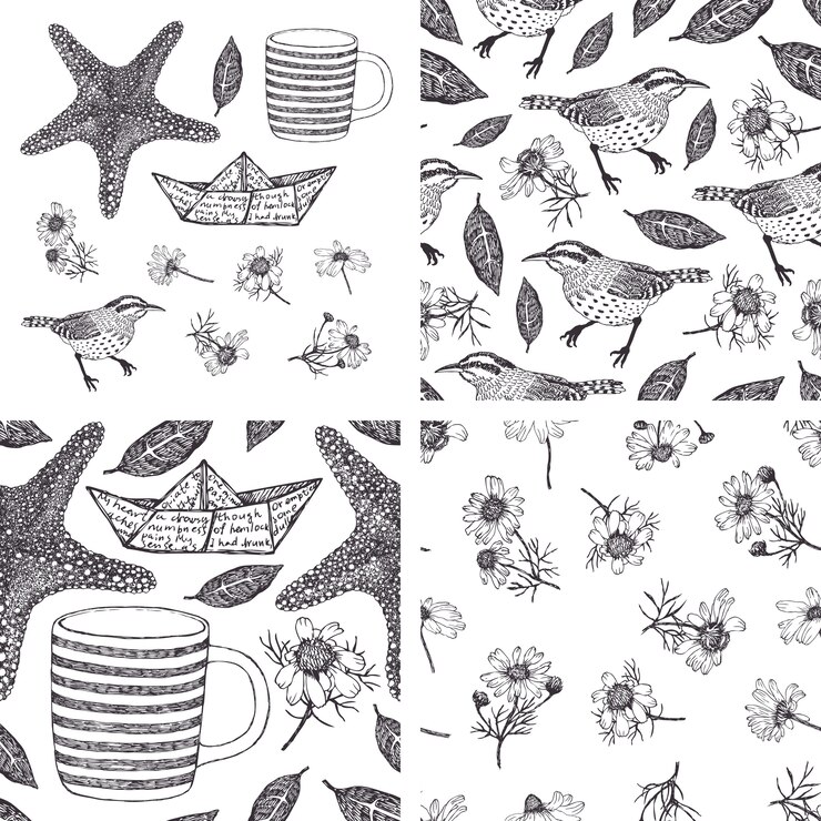 Ensemble d'éléments de conception dessinés à la main et des motifs avec des camomiles, des oiseaux et des étoiles de mer