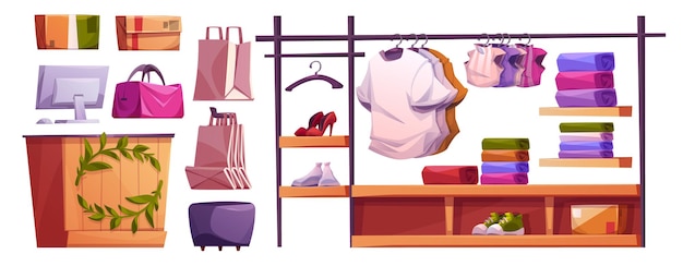 Vecteur gratuit ensemble d'éléments de conception de magasins de mode isolés sur fond blanc illustration de dessin animé vectoriel de caisse ordinateur sacs en papier et colis portefeuilles t-shirts chemises chaussures masculines et féminines sur étagère