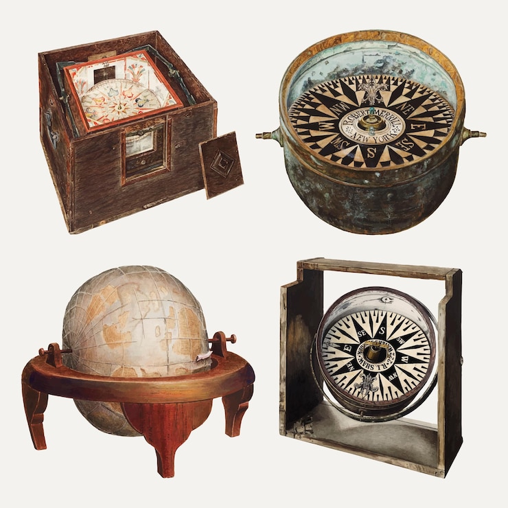 Vecteur gratuit ensemble d'éléments de conception vectorielle globe et boussole antique, remixé à partir de la collection du domaine public