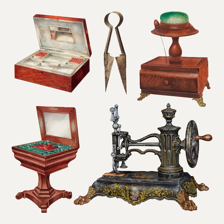 Vecteur gratuit ensemble d'éléments de conception vectorielle de matériel de couture antique, remixé à partir de la collection du domaine public