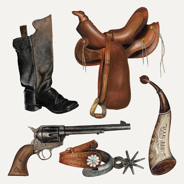 Ensemble d'éléments de conception vectorielle selle et accessoires de cowboy, remixé à partir de la collection du domaine public