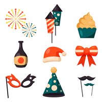 Ensemble d'éléments dans la célébration de fête avec boisson de drapeau de chapeau de fête de ballon en dessin animé conception graphique pour bannière autocollant publicité thème de fête illustration vectorielle
