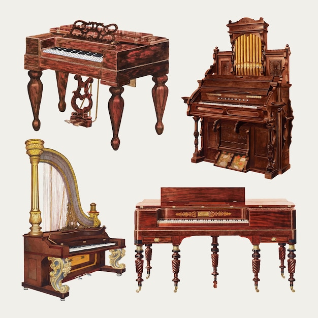 Ensemble d'éléments de design vectoriel piano et orgue antique, remixé à partir de la collection du domaine public