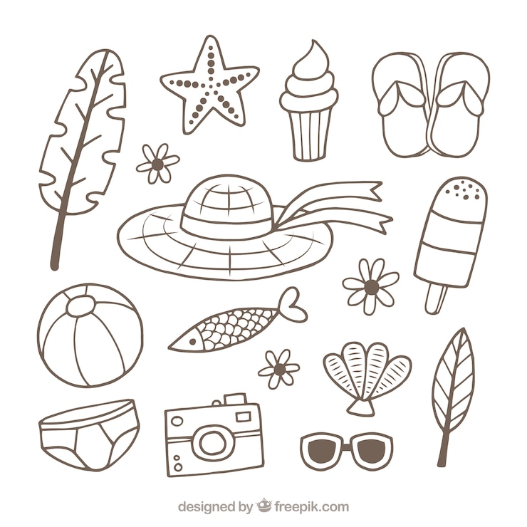 Vecteur gratuit ensemble d'éléments d'été dans le style dessiné à la main