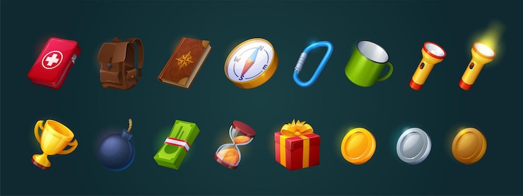 Vecteur gratuit ensemble d'éléments graphiques de l'interface graphique vectorielle de dessin animé d'icônes de jeu