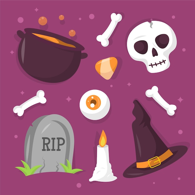 Vecteur gratuit ensemble d'éléments d'halloween design plat