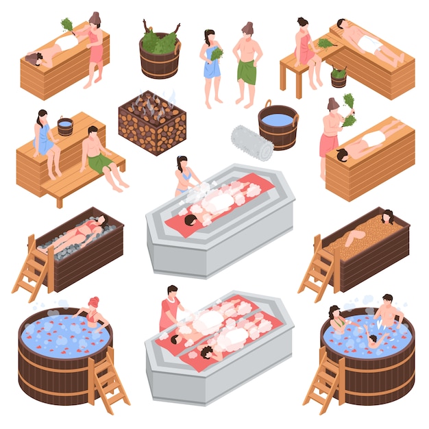 Vecteur gratuit ensemble d'éléments de maison de bain isométrique et personnages humains pendant la procédure de nettoyage du corps isolé illustration vectorielle