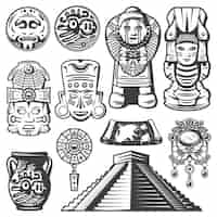 Vecteur gratuit ensemble d'éléments mayas monochromes vintage