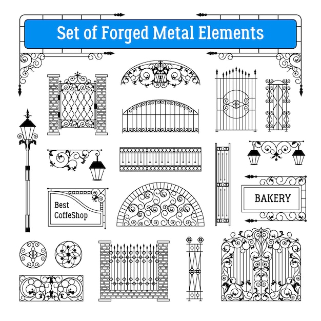 Vecteur gratuit ensemble d'éléments en métal forgé