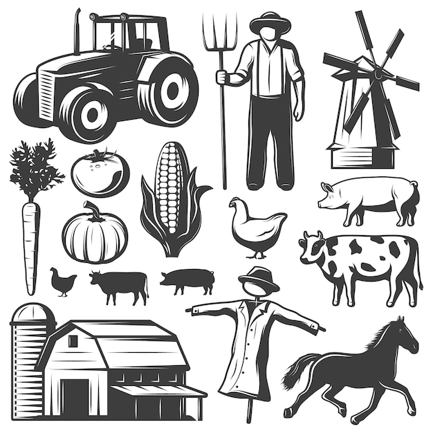 Vecteur gratuit ensemble d'éléments monochromes agricoles