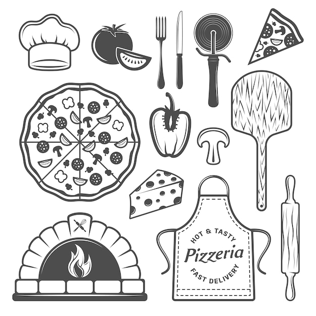Vecteur gratuit ensemble d'éléments monochromes de pizzeria