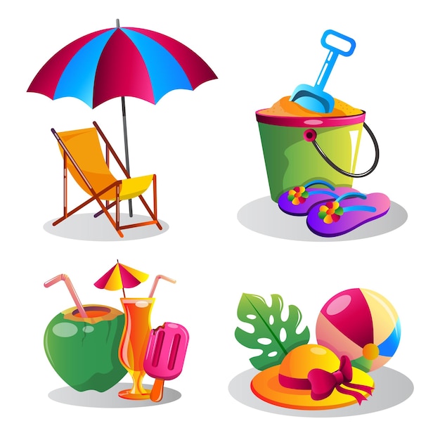 Vecteur gratuit ensemble d'éléments d'objet dans le vecteur de dessin animé de vacances d'été