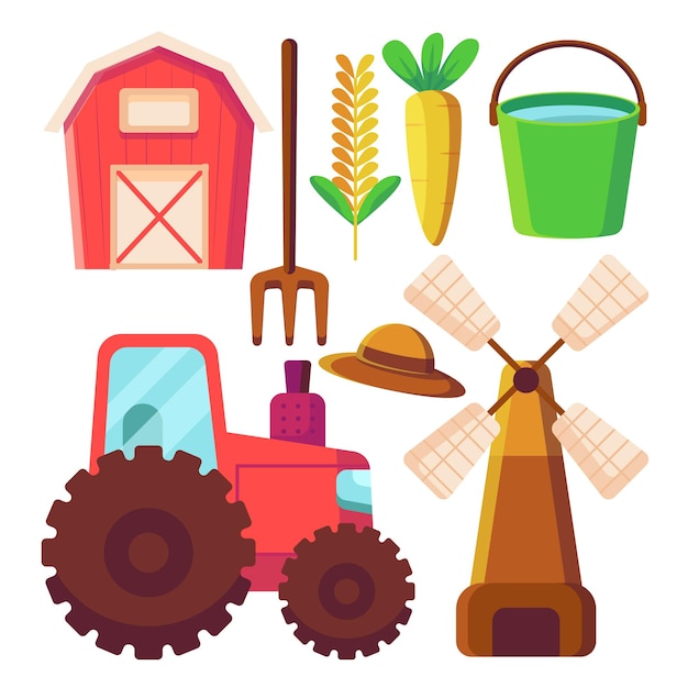 Vecteur gratuit ensemble d'éléments d'objet avec jardin ou équipement agricole chariot de maïs moulins à vent tracteur et autre en style cartoon isolé sur fond blanc