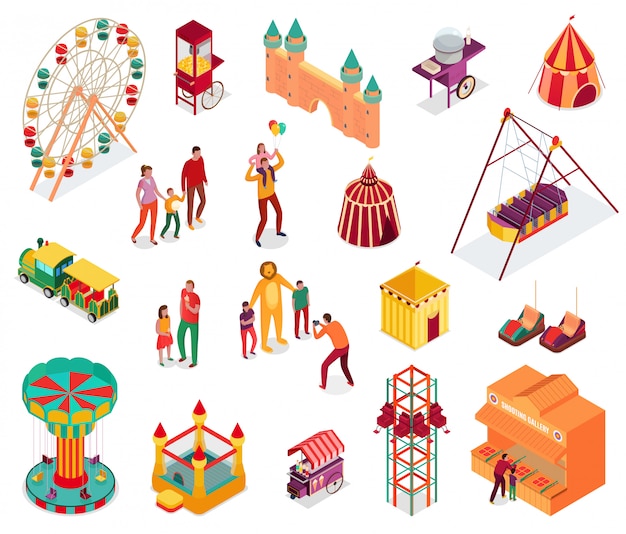 Vecteur gratuit ensemble d'éléments de parc d'attractions isométrique avec illustration de nourriture et d'attractions de rue de visiteurs