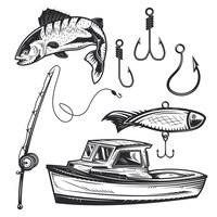 Ensemble d'éléments de pêche pour créer vos propres badges, logos, étiquettes, affiches, etc.