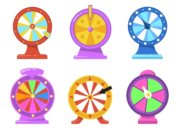 Vecteur gratuit ensemble d'éléments plats colorés de roue de fortune. roulette de jeu de dessin animé avec des flèches pour la collection d'illustration vectorielle de casino internet isolé. loterie et concept gagnant