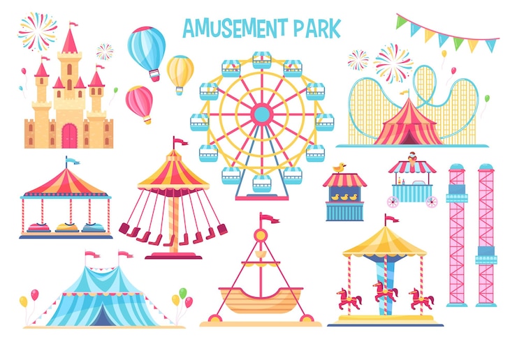 Vecteur gratuit ensemble d'éléments plats de parc d'attractions coloré.