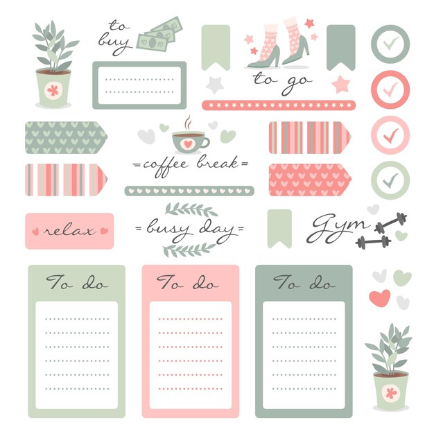 Ensemble d'éléments de scrapbooking planificateur mignon