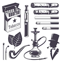 Ensemble d'éléments de tabac à fumer vintage. style monochrome. isolé sur fond blanc.