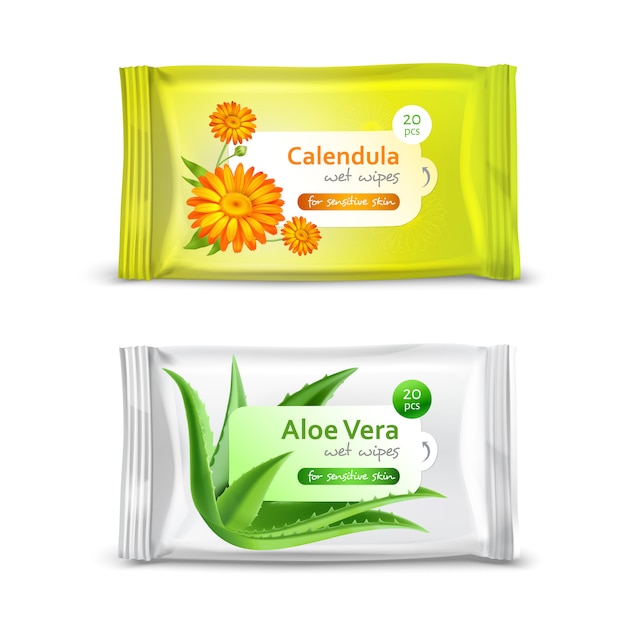 Ensemble D'emballage Réaliste Pour Serviettes Humides Avec Calendula Et Aloe Vera Isolé Illustration 3d