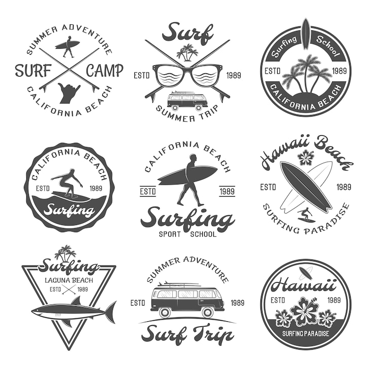 Vecteur gratuit ensemble d'emblème de surf