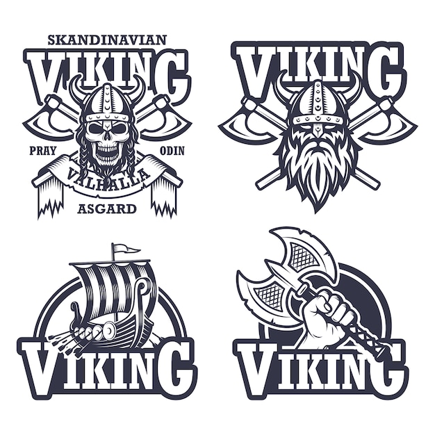 Ensemble d'emblèmes, d'étiquettes et de logos viking. Style monochrome