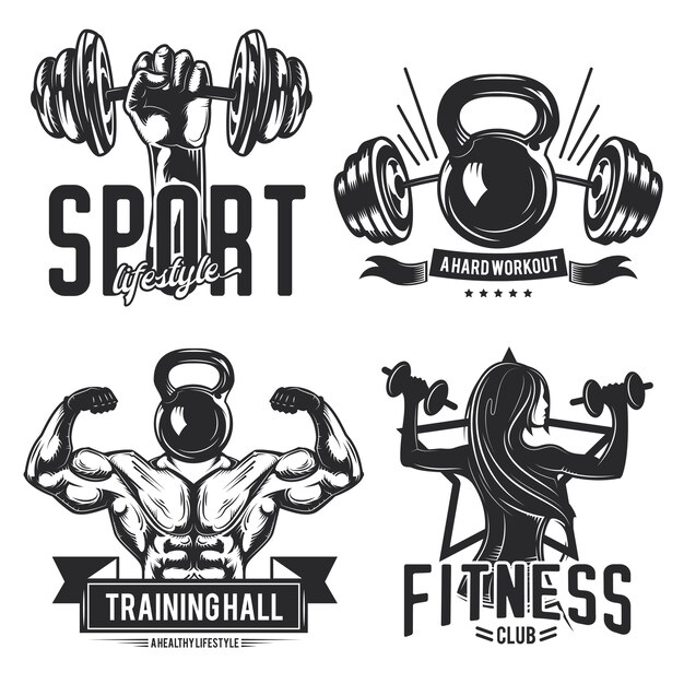 Ensemble d'emblèmes de gym, étiquettes, badges, logos. Isolé sur blanc