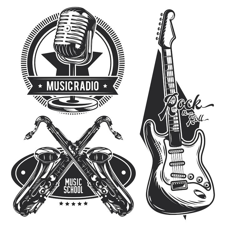 Vecteur gratuit ensemble d'emblèmes d'instruments de musique différents