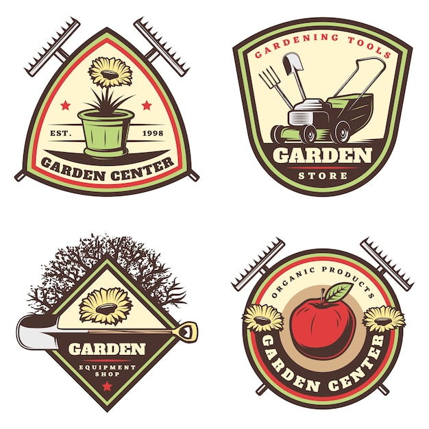 Vecteur gratuit ensemble d'emblèmes de jardinage colorés vintage