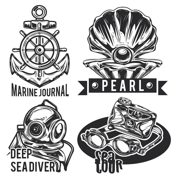 Vecteur gratuit ensemble d'emblèmes de la mer, étiquettes, badges, logos.